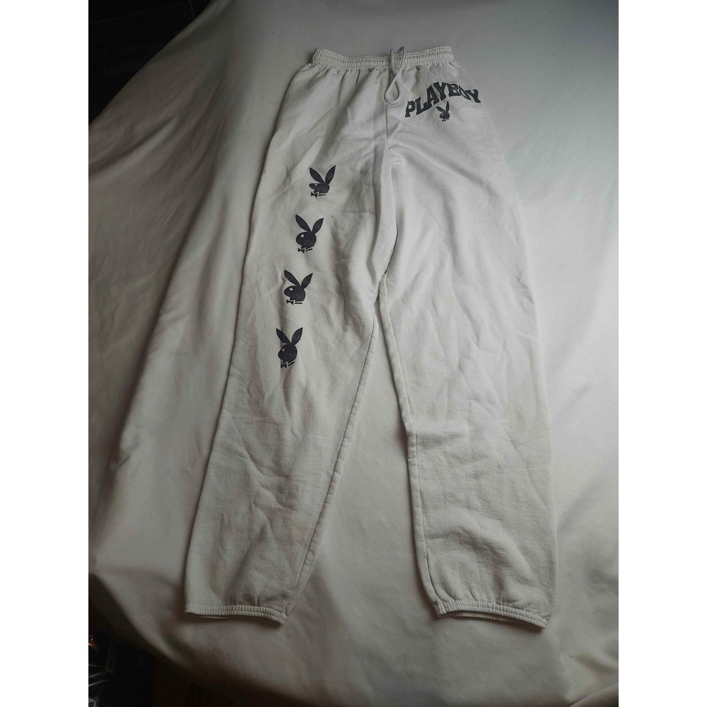 Playboy White Graphic Logo Jogger Sweatpants Mens Small Fleece Drawstring
